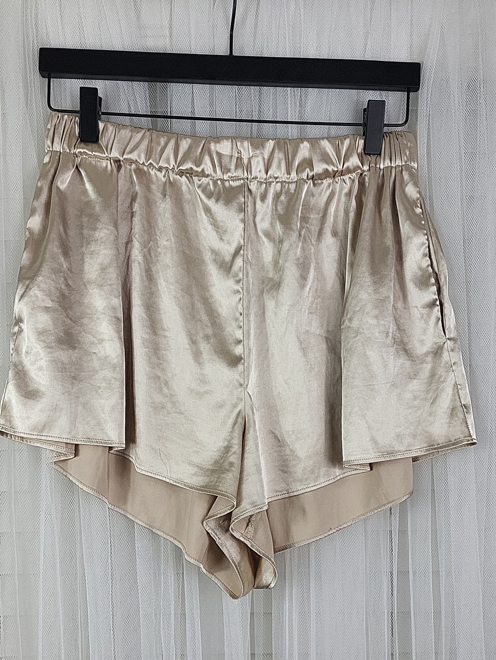 Meshki Satin Shorts in Champagne Beige. Size L